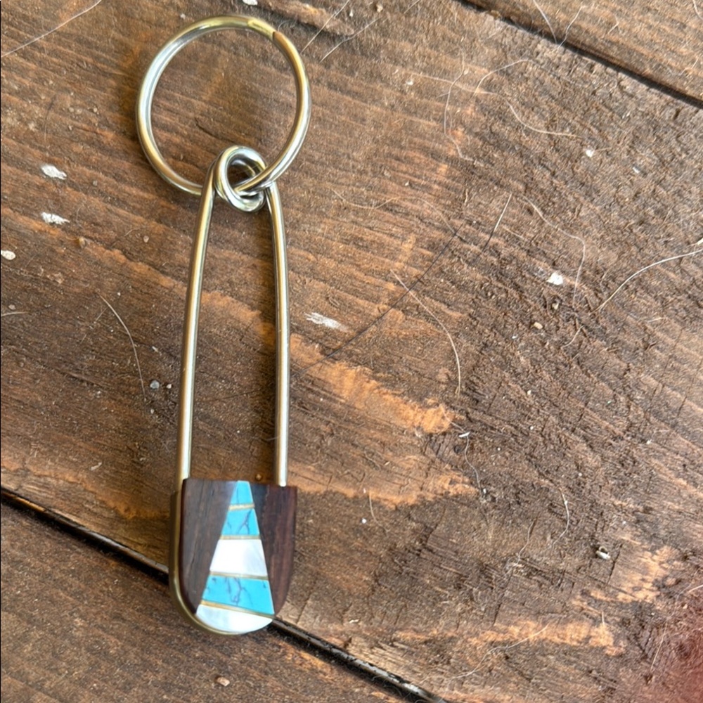 Silver and Wood Safety Pin Keychain with Turquoise Inlay